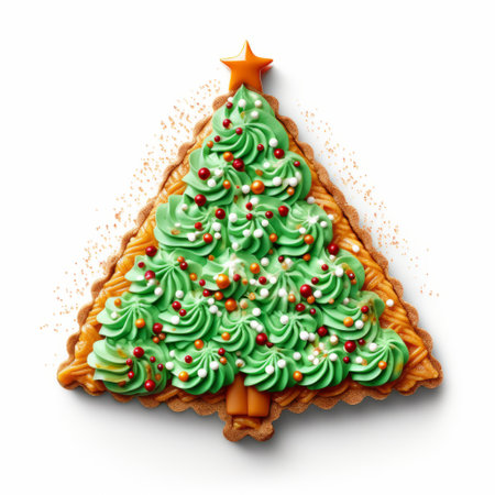 a christmas tree-shaped baklava pie with green icing sugar, resembling highly detailed illustrations. this concept pastry is presented in 32k uhd resolution, inspired by the style of vittorio reggianini. the pie features simple yet colorful illustrations, with dotted patterns and high-contrast shading achieved through the use of zbrush. ai generatedの素材