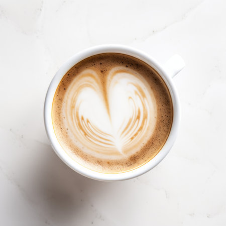a cup of milk latte featuring heart-shaped latte art, with a marble-style design and boldly textured surfaces. the latte is placed on a white background, with back button focus highlighting the details. the aerial abstractions create an artistic composition, with a mix of dark white and light amber tones. photographed by matt wagner. ai generatedの素材