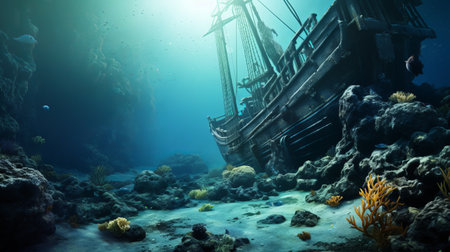 ship sinking underwater in a coral reef, resembling historical genre scenes. marcin sobas captures the darkly detailed image with a depth of field, showcasing the intricate ship sails. the composition highlights the depth of layers, creating a captivating visual narrative. this photograph, created between 1970 and the present, offers a unique perspective on the tragic event. ai generatedの素材