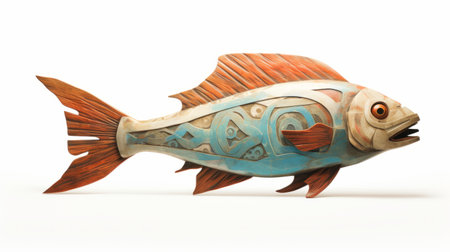 a sculpture of a blue fish, crafted with precisionist lines and shapes, showcases colorful woodcarvings in the style of light crimson and light bronze. the sculpture features idealized native americans and incorporates recycled materials into its realistic and detailed rendering. the elongated forms add a unique touch to this captivating artwork. ai generatedの素材