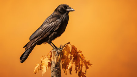 a female raven perches on a dead tree branch, illuminated by a warm orange light. the photo captures the essence of warm color palettes and showcases a realist attention to detail. with elements reminiscent of taxidermy and the artistic styles of john wilhelm and charles spencelayh, this captivating image is a contest winner and evokes a halloween ambiance. ai generatedの素材