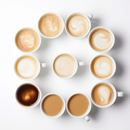 latte coffee cups arranged in a star formation on a white background, showcasing orderly symmetry. the image captures the essence of sun-kissed palettes and tonal variations in color. inspired by the bechers typologies, the composition creates a mesmerizing effect with swirling vortexes. this photograph, shot with a flickr and fujifilm provia, is a visual treat for coffee lovers and art enthusiasts alike. ai generatedの素材