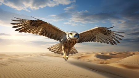 a large owl in the desert, showcasing its majestic wingspan. this hyper-realistic representation, created in the style of terragen, features a commercial imagery of a white and beige owl. the photo-realistic techniques and prerendered graphics enhance the lifelike details of the owl, making it a captivating subject in the desert landscape. ai generatedの素材