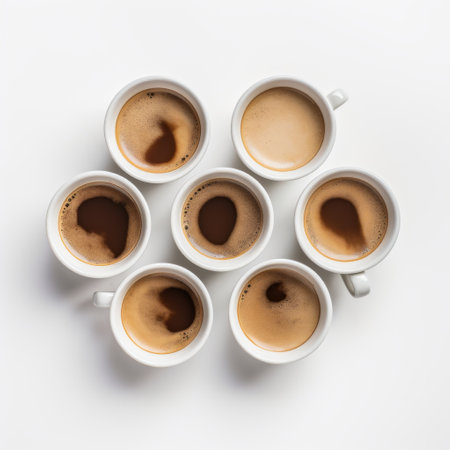 five coffee cups in red and brown colors are arranged in a circular pattern, resembling aerial photography. these cups were developed using the caffenol method and are placed against a white background. the composition evokes an emotionally complex atmosphere, with a mix of dark and light shades of brown and white. ai generatedの素材