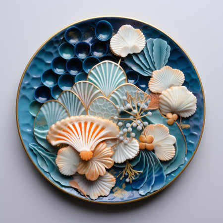 a plate adorned with an assortment of seashells and shellfish, resembling sculptural landscapes. the vibrant colors of light orange, azure, dark teal, and light pink create depth-defying murals. the design is reminiscent of angura kei, with a touch of the sabattier filter effect, giving the embossed paper a unique texture. ai generatedの素材