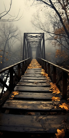 a wooden bridge in the forest, adorned with vibrant autumn leaves, showcases a captivating blend of dark bronze and dark amber hues. surrounded by mist, this midwest gothic-inspired scene features contrasting values of light yellow and dark gray. the bridge's perceptive design and iconic presence add to the overall allure of this enchanting setting. ai generatedの素材