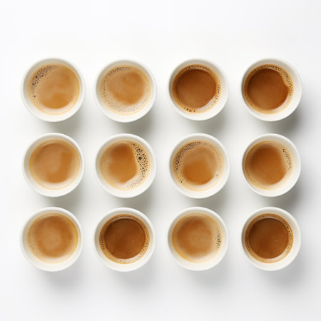 8 cups of coffee arranged symmetrically on a white surface, showcasing tightly cropped compositions and faded palates. this photography installation explores repetitive rephotography and serves as a commentary on race and environmental awareness. ai generatedの素材