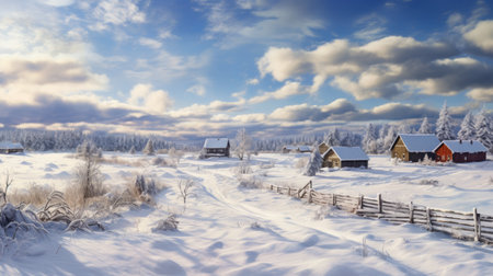 snow-covered cottages dotting a serene winter landscape create a picturesque scene captured in this 8k resolution photo. the photo, in the style of vray, showcases atmospheric clouds and employs photo-realistic techniques to bring out the beauty of the calculated and peaceful pastoral scenes. this associated press photo is a stunning representation of winter's tranquility. ai generatedの素材