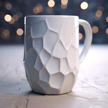 the 3d printed mug features a captivating design with sparkles on its surface. created in the style of low poly, the mug showcases a dark white color and utilizes vray tracing for enhanced visual effects. the soft-focus technique adds a touch of elegance, while the organic formations give it a unique appeal. this contest-winning creation boasts a rough texture, adding to its overall charm. aiの素材