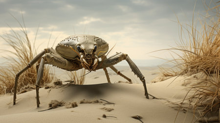 a brown grazing bug stands in the sand, showcasing a futuristic realism style. rendered in maya, the bug is depicted in light gray and gold tones. this captivating artwork by mike campau tells intricate stories through transfixing marine scenes and explosive wildlife. ai generatedの素材