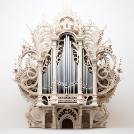 a large church organ adorned with intricate sculptural paper constructions, showcasing the highly detailed illustrations by johnson tsang. the organ features a captivating blend of dark, white, and beige tones, crafted with eco-friendly techniques by nikita veprikov. ai generatedの素材