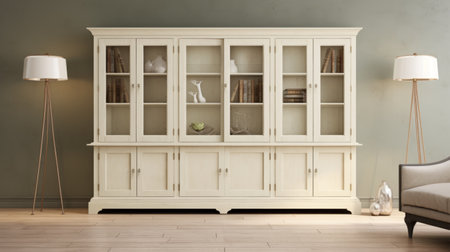 a china cabinet with glass doors is showcased in this hyperrealistic rendering. the muted and subtle tones enhance the high-quality photo, highlighting its classical proportions and understated simplicity. this study-worthy piece is perfect for organizing and displaying piles and stacks of cherished items. ai generatedの素材