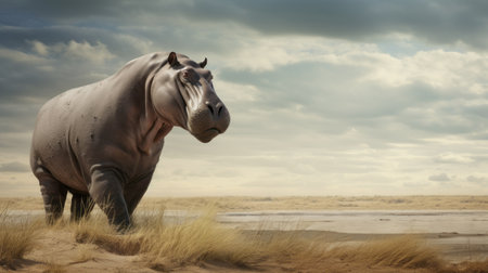 a large white hippopotamus gracefully moves through an open field, showcasing the intricate details and artistic style reminiscent of zbrush. the epic portraiture captures the essence of this majestic creature, while the muted colorscape mastery adds a touch of sophistication. the chrome-plated finish enhances the visual appeal, creating an imaginative character that becomes part of a narrative-driven visual storytelling experience. ai generatedの素材