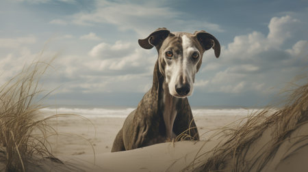 a dog sitting on the beach, captured in a characterful animal portrait style. this 8k resolution photograph showcases soft-focus portraits of the dog, with a color palette of dark cyan and beige. the dappled lighting adds a timeless grace to the image, making it a contest winner. ai generatedの素材