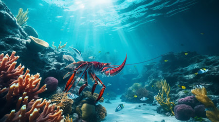 a vibrant lobster swims gracefully in a fish tank, surrounded by a stunning colored coral. the dark surface enhances the bold lines and vivid colors of this daz3d-style photo. with its photo-realistic landscapes and ray tracing effects, this national geographic-inspired image captures the adventurous spirit with its striking red and aquamarine hues. ai generatedの素材