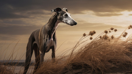 greyhound dog standing in lush green grass, captured with the richly colored skies of daz3d. the image showcases the intricate details of the graflex speed graphic camera, adding a dark and brooding designer touch. the hyperrealistic marine life is beautifully juxtaposed against the light silver and dark beige tones, creating a breathtaking scene. ai generatedの素材
