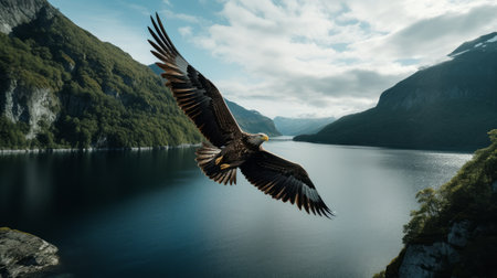 bald eagle soaring gracefully above lush green mountains, capturing the essence of norwegian nature. this atmospheric and moody landscape, captured with a large format lens, showcases detailed marine views and nature-inspired installations. the aerial photography highlights the majestic beauty of the eagle against a backdrop of light amber and blue hues. ai generatedの素材
