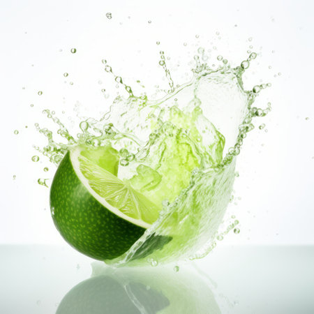 a vibrant lime splash captured in picture 4, showcasing the artistry of the dusseldorf school of photography. illuminated by softbox lighting, this image taken with the sony alpha a1 reveals intricate still lifes with crisp lines. the sterling silver highlights add a touch of elegance, while jump cuts create a dynamic visual experience. ai generatedの素材