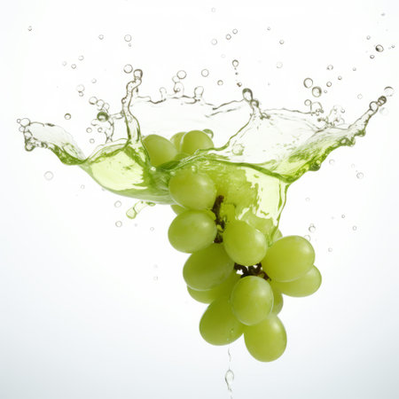 grapes splashing into a water droplet, isolated on white. this captivating kitchen still life photo, captured with a sony alpha a1, showcases organic shapes and lines in light green and white hues. it exudes a sense of freshness and vitality. this associated press and national geographic photo is suspended in time, creating a mesmerizing visual experience. ai generatedの素材