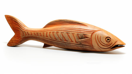 two wooden fish are showcased in this photo, featuring intricate and lifelike designs. the artistic renderings display a realistic and hyper-detailed style, reminiscent of the precisionist movement. the craftsmanship is exquisite, highlighting the skill and talent of the creator. the use of ogham scripts adds an intriguing element to the composition. the photograph captures the beauty and artistry of these wooden fish, paying homage toの素材