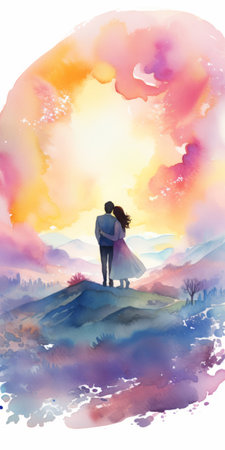 a watercolor painting of a couple near the sunset, featuring vibrant color fields and a dreamlike illustration style. this romantic and dramatic artwork captures the essence of a faith-inspired scene, with a sky-blue and purple color palette. this uhd image showcases the beauty of the couple's connection amidst the enchanting sunset backdrop. ai generatedの素材