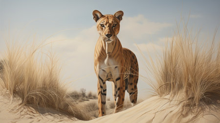 a leopard gracefully strides down a sandy dune, framed by a majestic tall tree. this hyper-realistic animal illustration showcases the intricate details of the leopard's character, rendered in maya. the painting exhibits the classic portraiture style, capturing the essence of the leopard's beauty and power with a touch of hyperrealism. ai generatedの素材