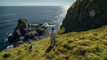 a woman, inspired by the avian-themed artwork of patricia piccinini, is seen hiking along a picturesque grassy cliff near the ocean. this high-quality photo, reminiscent of the captivating style of mike campau and douglas smith, captures the beauty of nature and evokes a sense of adventure. with its stunning composition, it could easily grace the pages of national geographic. ai generatedの素材