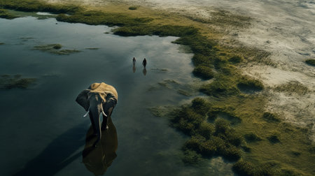 an elephant gracefully traverses through lush wild grass and serene water in this captivating birdseye view photograph. the image, reminiscent of a matte painting, showcases enigmatic characters in a rich and immersive 8k resolution. with its poignant and darkly romantic illustrations, this photo invites viewers to embark on a mesmerizing travel experience. ai generatedの素材