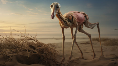 a small animal, resembling a surrealistic biomechanical creature, stands on the sandy ground. this photorealistic rendering showcases accurate bird specimens with a color palette of pink and beige. created using cinema4d, the artwork combines realistic depictions of human form with a reduction of canine anatomy. ai generatedの素材