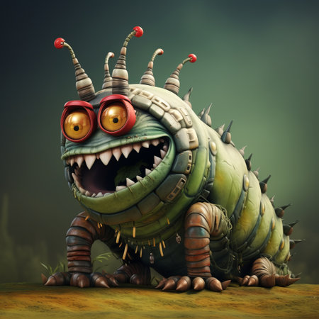 an eye-catching insect shaped like a caterpillar is depicted in this aggressive digital illustration. the character caricatures by bill gekas feature spiky mounds and a hellish background, creating a cartoon-like atmosphere. the use of daz3d adds depth and realism to the artwork. ai generatedの素材