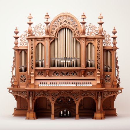 a photo of a 3d model and rendering of a pipe organ, designed by gediminas pranckevicius, showcases a playfully ornate style. the realistic and detailed rendering highlights the structural symmetry of the organ. the sepia tone adds a touch of vintage elegance, while the colorful woodcarvings stand out against the white background. ai generatedの素材