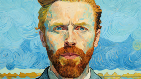 a bearded man is captured in a close-up portrait against a vibrant blue background. this bold and colorful masterpiece showcases the subject's striking features. the use of light teal and light amber adds depth and dimension to the image. reminiscent of celebrity portraits, this colorful moebius style portrait is a captivating work of art created en plein air. ai generatedの素材