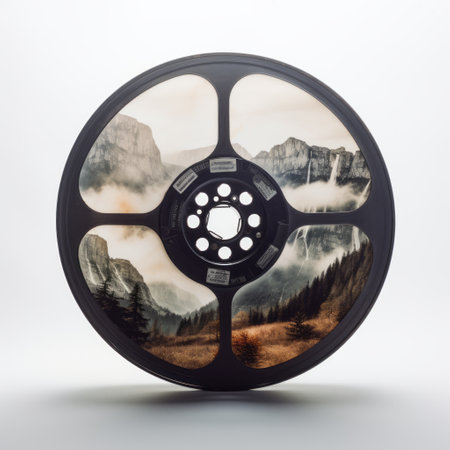 a movie reel showcasing a digitally airbrushed image of a mountain. this vintage cut-and-paste style captures evocative environmental portraits, presented on opaque resin panels. shot with a hasselblad h6d-400c, the image depicts realistic landscapes with soft, tonal colors. the movie reel is made of rubber. ai generatedの素材