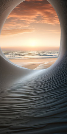 a beach with a hole in the middle, featuring intricate feather-like patterns, futuristic scenery, flowing fabrics, rim light, and a color palette of light silver and light orange. the composition is reminiscent of dutch seascapes, with a focus on horizons. ai generatedの素材