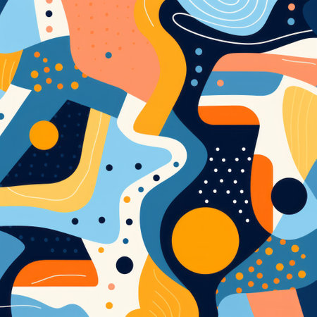 abstract vector illustration featuring isolated color lines seamlessly blending together. the background pattern showcases abstract blue, orange, and yellow hues, reminiscent of organic shapes and forms. the artwork incorporates abstracted figurative forms, collage elements, and colorfully abstracted faces. inspired by mid-century illustration, this piece showcases large-scale abstractions and confetti-like dots. ai generatedの素材