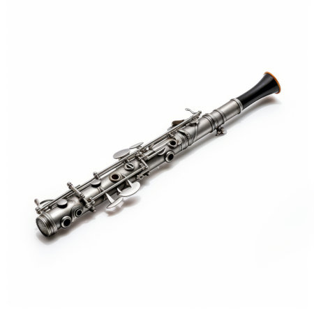 a small gold metal clarinet with bold structural designs is showcased on a white background. this clarinet, in the style of dark silver and black, features innovative elements inspired by the new fauves movement. the high-resolution 32k uhd image captures the intricate details of the instrument, while the ink-washed effect adds a touch of artistic flair. ai generatedの素材