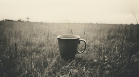 cup of coffee sitting on a wooden table, illuminated by a soft ray of light. the photo captures the essence of decaying landscapes with its muted tonality and vintage lens effect. the prairiecore aesthetic is evident in the dynamic outdoor shot, showcasing the absence of color. this captivating image could easily grace the pages of national geographic. ai generatedの素材