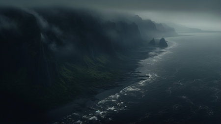 a dark and moody mountain scene captured with a nikon d850 camera, inspired by the style of jessica rossier and richard bergh. the photograph showcases highly detailed and eerily realistic blurred landscapes, with clouds hovering above and the ocean below, creating a captivating and atmospheric environment. ai generatedの素材