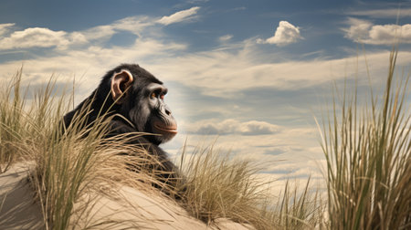 a black chimpanzee sits on a sand hill, surrounded by a photorealistic fantasy landscape. the commercial imagery showcases realistic blue skies and soft, tonal colors. the ultra hd, photorealistic rendering highlights the unique framing and composition of the scene. ai generatedの素材