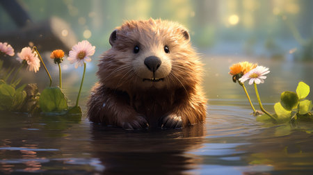 a small beaver gracefully swims in a flowing river, showcasing the stunning vray tracing technique. the scene is brought to life with inventive character designs inspired by natalia rak and john wilhelm. the intricate details of the flora and fauna, created using unreal engine 5, add a touch of dreaminess to this adorable image. ai generatedの素材