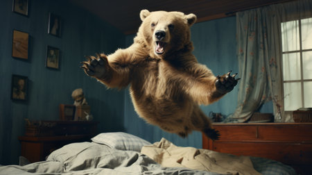 a bear, captured in a photographically detailed portrait style, jumps up on a bed and playfully hits a pillow. this captivating image showcases the bear's strong facial expression and is reminiscent of the stunning photography found in national geographic. shot with a low-angle perspective using a konica auto s3 camera, the photo beautifully highlights the bear's fur and evokes a sense of wonder. ai generatedの素材