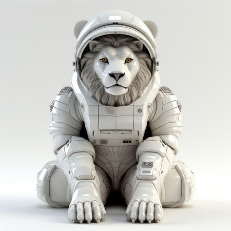 a 3d lion, wearing an astronaut suit, is depicted in a contemporary symbolic style. the monochromatic white figures and realistic color schemes enhance the hard surface modeling. the image showcases the use of innovative techniques, such as the konica big mini camera, while maintaining a neo-classical symmetry. ai generatedの素材