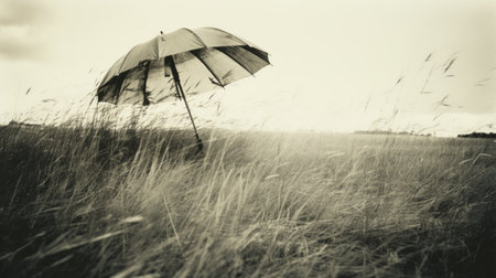 green open umbrella in a field, captured in a grainy, black and white photo. this whimsical realism image showcases the ethereal impressionistic seascapes style, reminiscent of nostalgic imagery. shot with a konica auto s3, the black and white imagery is enhanced by flowing brushwork, creating a captivating visual experience. ai generatedの素材