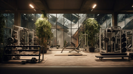 swedish gym interior featuring a blend of plants and gym equipment, designed in the nature-inspired style of unreal engine 5. the space showcases subtle tonal shifts and incorporates glass as a prominent material. this unique combination of american tonalist aesthetics and the juxtaposition of metropolis and nature creates a captivating atmosphere. ai generatedの素材