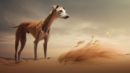 a dog stands on the sandy beach, beautifully rendered in the style of cinema4d. the artwork, inspired by abdel hadi al gazzar, showcases a mix of daz3d elements. the color palette features a combination of light crimson and beige, creating a timeless grace. the scene captures the wild and daring spirit of the dog against delicately rendered landscapes. ai generatedの素材