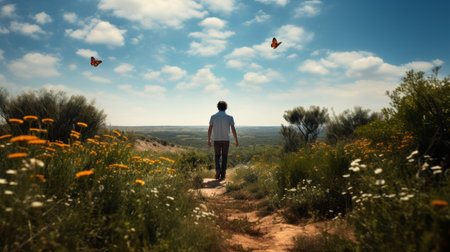 a person walks through a field as butterflies gracefully flutter above, creating a mesmerizing scene. the photo captures the essence of nature's beauty, with lush landscape backgrounds in shades of turquoise and orange. the style of the image is reminiscent of topcor 58mm f14, nacho carbonell, and evokes a sense of realism blended with romance. this plein air scene is truly breathtaking. ai generatedの素材