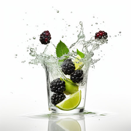a blackberry splash captured in an elaborate fruit arrangement, showcasing the vibrant colors of light green and black. this visually stunning photo, with its softbox lighting and vray tracing, embodies the essence of absinthe culture. discover the intricate details and contemporary glass design in this captivating image on flickr. ai generatedの素材