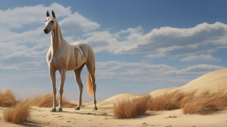 a white horse stands gracefully next to the sandy terrain, showcasing its beauty. this hyper-realistic animal illustration, rendered in cinema4d, captures the intricate details of the horse's features. the artwork, created in the style of persian miniatures, combines elements of desertpunk and brushstroke fields. with a resolution of 32k uhd, this piece showcases the artist's skill in using zbrush to bring the horse to life.の素材