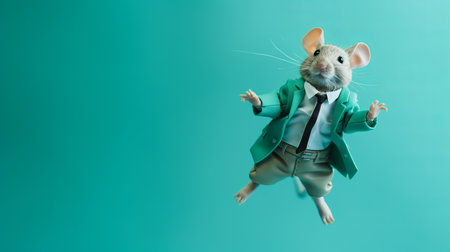 a man rat, in vibrant turquoise and green hues, peeks out of a business suit in this lively and dynamic celebrity photograph. the playful spontaneity and toyism style bring a sense of movement and balance to the image. this code-based creation captures the essence of the subject's personality. ai generatedの素材