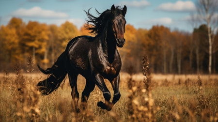 a black horse gallops through a sunlit field, reminiscent of western-style portraits. with a dark amber hue, the horse exudes a naturalist aesthetic. its organic movement captures the viewer's attention, while the photograph's textural richness adds depth. this captivating image, with its hispanicore influence, is a contest winner. ai generatedの素材